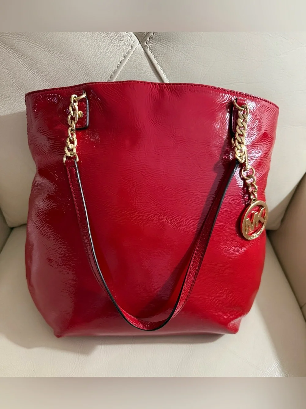 Michael Kors Shiny Red Patent Leather Tote with Gold Chain Handles